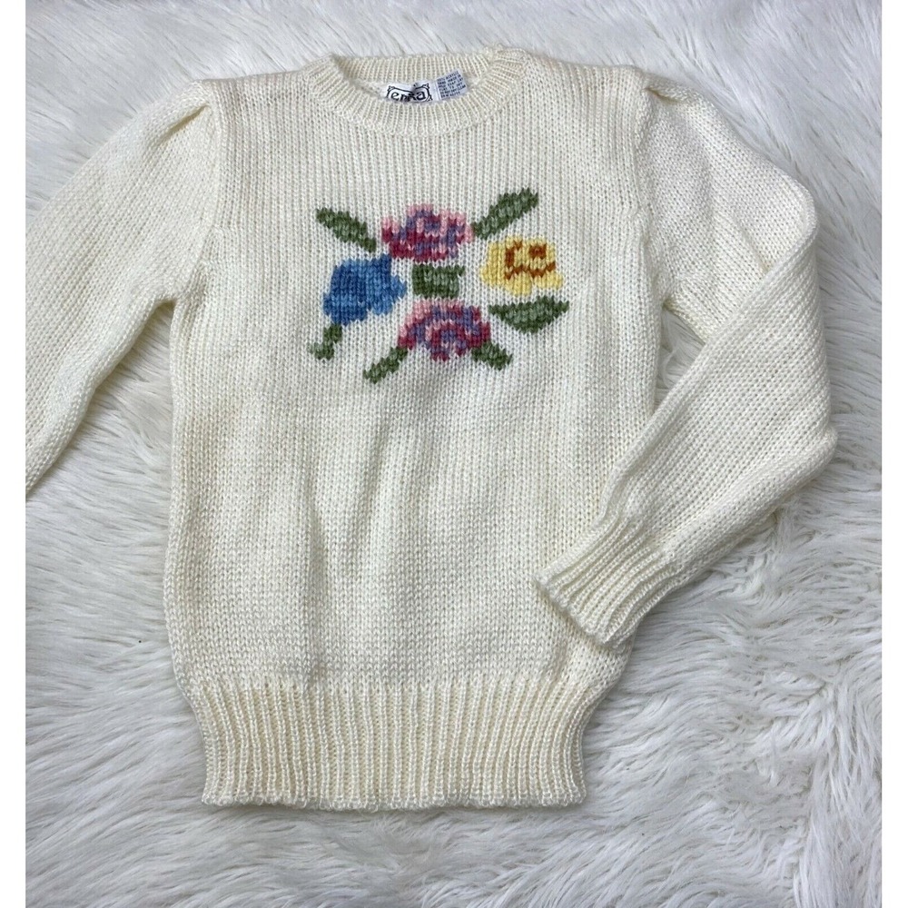 Vtg Erika Ivory Acrylic Sweater Floral Rose Design M - Picture 2 of 3